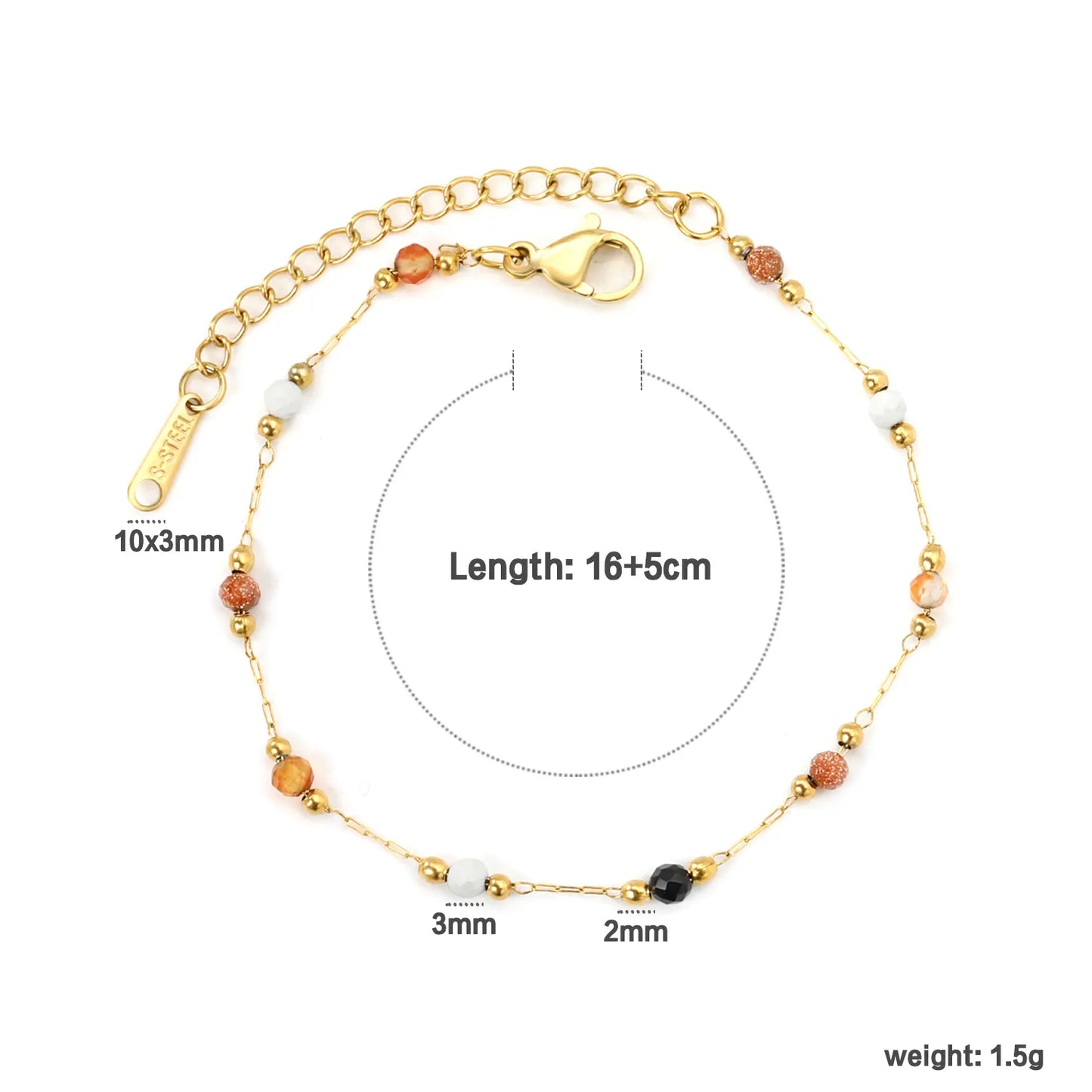 ✨ Delicate Bead Bracelet 2mm Gold Steel Beads + 3mm Colored Gems | 16+5cm Adjustable Chain | Wholesale Minimalist Jewelry