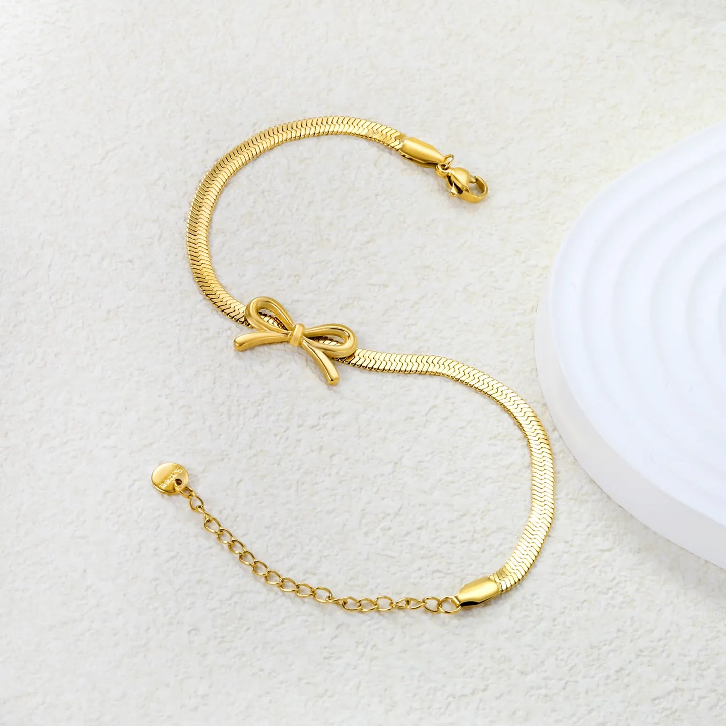 🎀 Wholesale 12x20mm Bow 4mm Curb Chain Bracelet 18+5cm +6mm Tag | Stainless Steel (Steel/Gold)