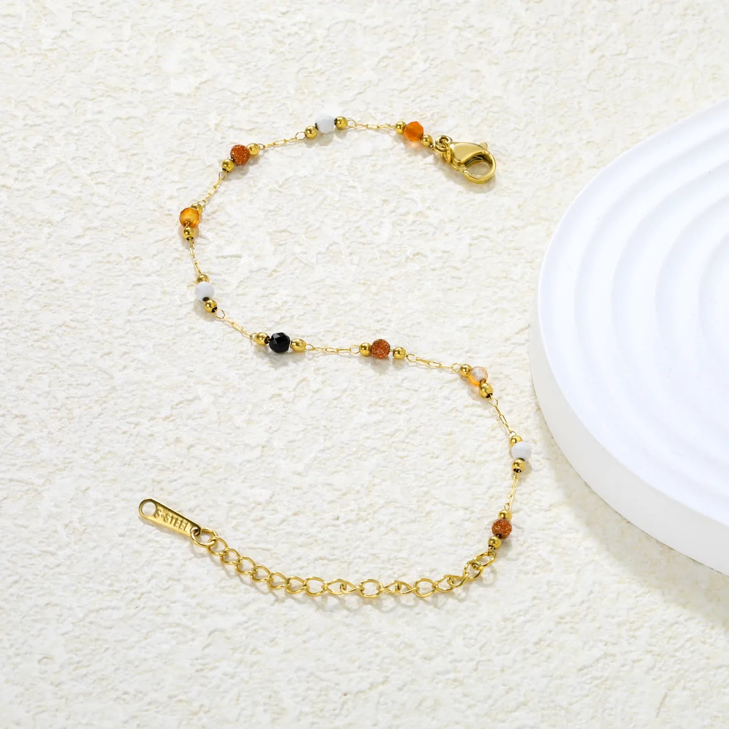 ✨ Delicate Bead Bracelet 2mm Gold Steel Beads + 3mm Colored Gems | 16+5cm Adjustable Chain | Wholesale Minimalist Jewelry