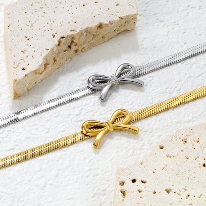 🎀 Wholesale 12x20mm Bow 4mm Curb Chain Bracelet 18+5cm +6mm Tag | Stainless Steel (Steel/Gold)