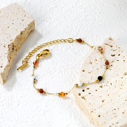 ✨ Delicate Bead Bracelet 2mm Gold Steel Beads + 3mm Colored Gems | 16+5cm Adjustable Chain | Wholesale Minimalist Jewelry