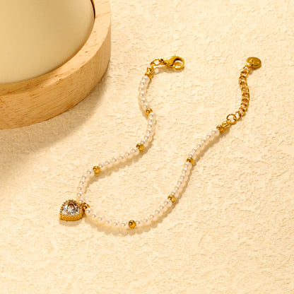 ✨Wholesale Gold Heart Pendant Bracelet: White/Black/Red/Pink/Green Zircon + Pearl Beads | 18+3cm Extender | Stainless Steel Bulk Jewelry
