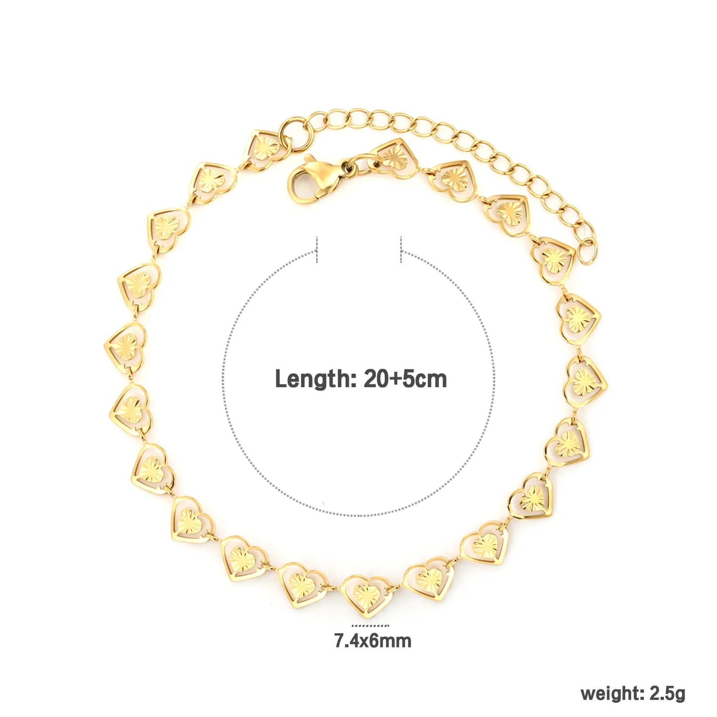 ✨ Wholesale Heart Charm Bracelet 7.4x6mm | 20+5cm Adjustable | Stainless Steel/Gold | Hypoallergenic
