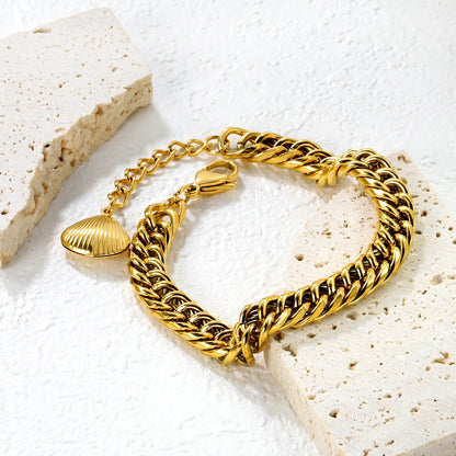 ✨ Minimalist Shell Clasp Bracelet 18+3cm Double-Sided Rounded Chain | Gold Stainless Steel Adjustable | Wholesale Coastal Jewelry