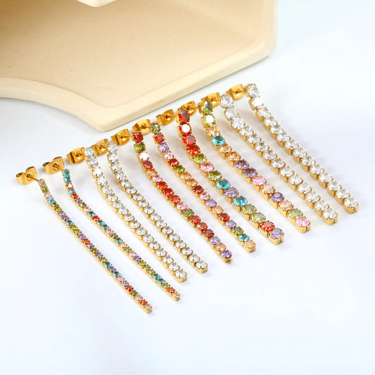 Wholesale 18k gold plated 5.5cmX2mm/3mm/4mm White Zircon&Rainbow Zircon Stainless Steel Hypoallergenic Drop Earrings – Bulk Wholesale (12+ Pairs) 🌍 EU/US Supplier Trendy & Durable