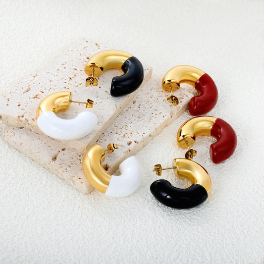 Gold Drip Enamel C-Earrings | 10.3x31.2mm Stainless Steel | White/Black/Red Wholesale