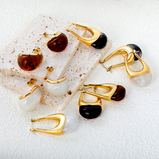 Wholesale Gold Oval Resin Ear Cuffs | 19.4x32.4mm U-Shape | White/Smoky Black/Amber | Stainless Steel Bulk Jewelry