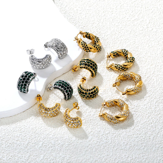 Wholesale C-Shape Earrings 10.2x18.4mm&Gold Vine Ear Cuffs 24.4x21.4mm Boho U-Cuff White/Emerald Stones | Stainless Steel/Gold | Hypoallergenic