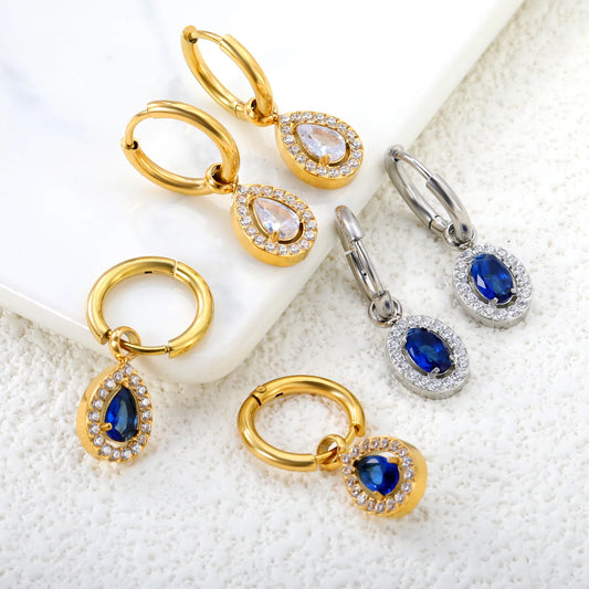 Wire 2*O.D. 14mm earrings + 8.6*10.8mm drop-shaped white zirconia/emerald green glass/8.4*10.2mm oval blue glass + CNC drilling white zirconium hoop fittings Gold color