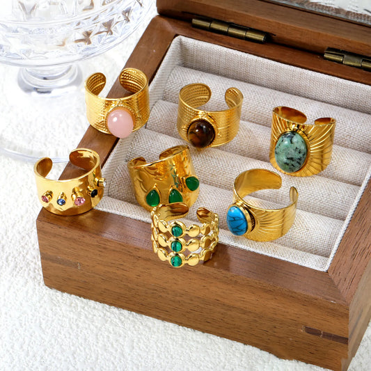 18k gold plated Premium Zircon&Natural Resins Stainless Steel Rings Wholesale (MOQ 12+) | Hypoallergenic  Fashion Rings 🌍  | Tarnish-Free