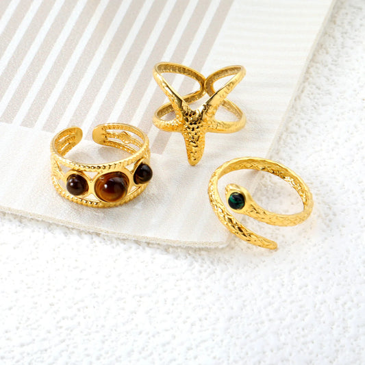 18k gold plated Natural Resins Adjust Size Stainless Steel Rings Wholesale (MOQ 12+) | Hypoallergenic  Fashion Rings 🌍  | Tarnish-Free