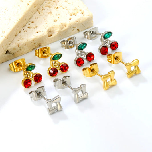 Wholesale 18K Gold Plated Stainless Steel Jewelry Minimalism Hollow Square&Cherry pattern zircon Stainless Steel Screwback Earrings Women