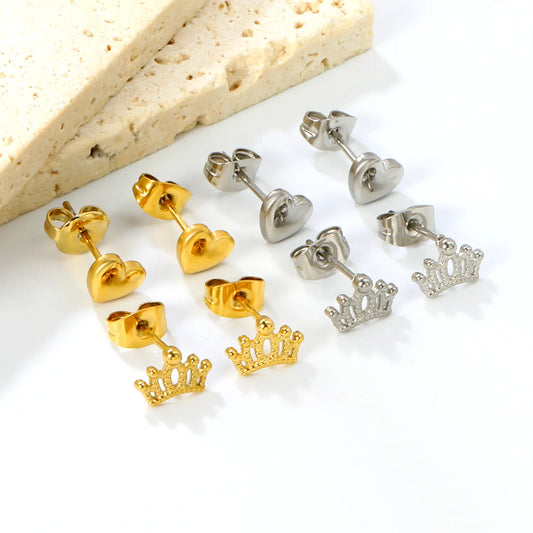 Wholesale 18K Gold Plated Stainless Steel Crown Stud Earrings Delicate Round Bead Mini Screw Earrings for Women