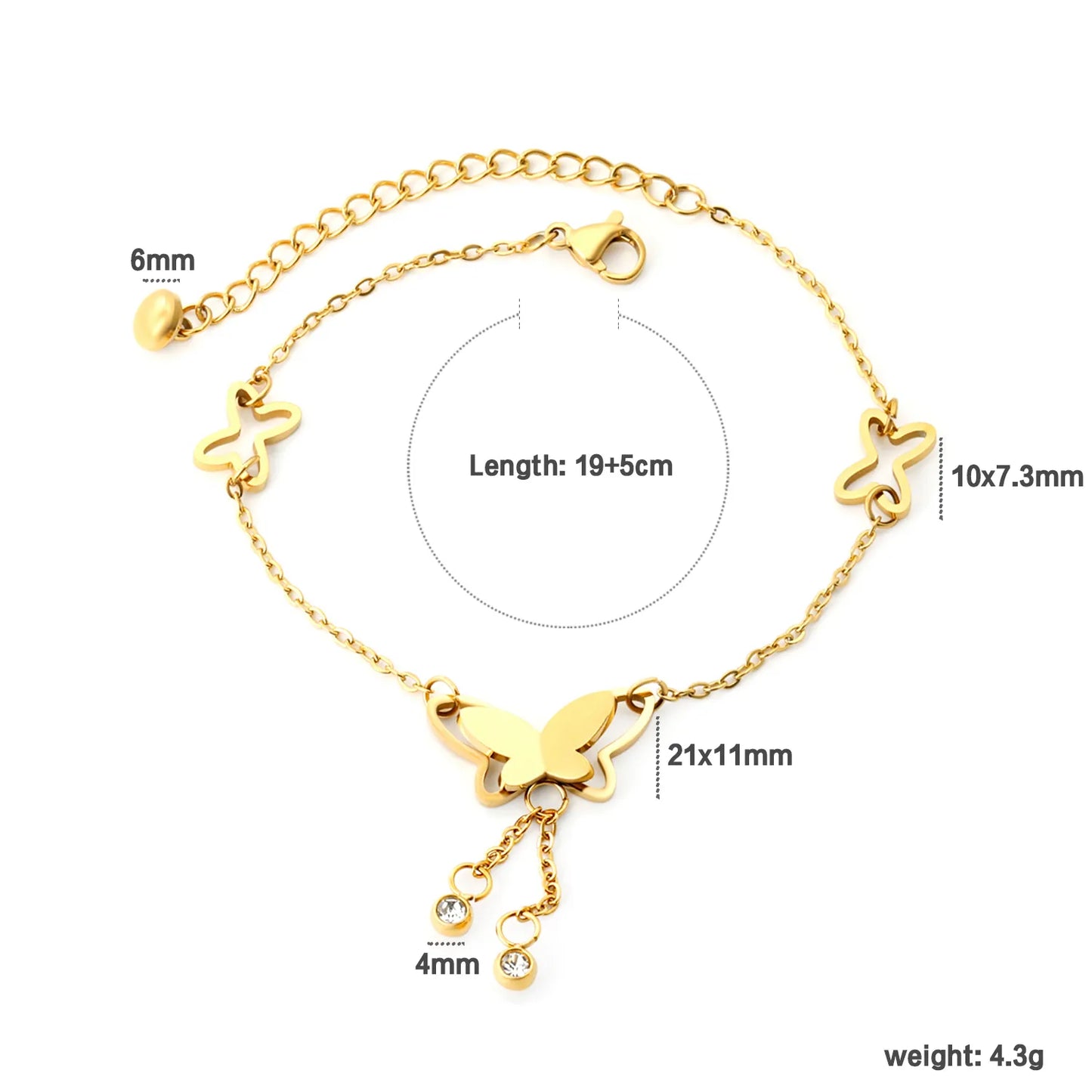 ✨ Wholesale Gold Stainless Steel Butterfly Anklet | 10*7.3mm Cutout Butterfly & 21*11mm Double Layer Fringe | 19+5cm Chain with 6mm Lobster Clasp