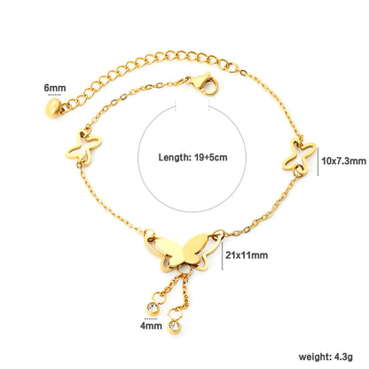 ✨ Wholesale Gold Stainless Steel Butterfly Anklet | 10*7.3mm Cutout Butterfly & 21*11mm Double Layer Fringe | 19+5cm Chain with 6mm Lobster Clasp