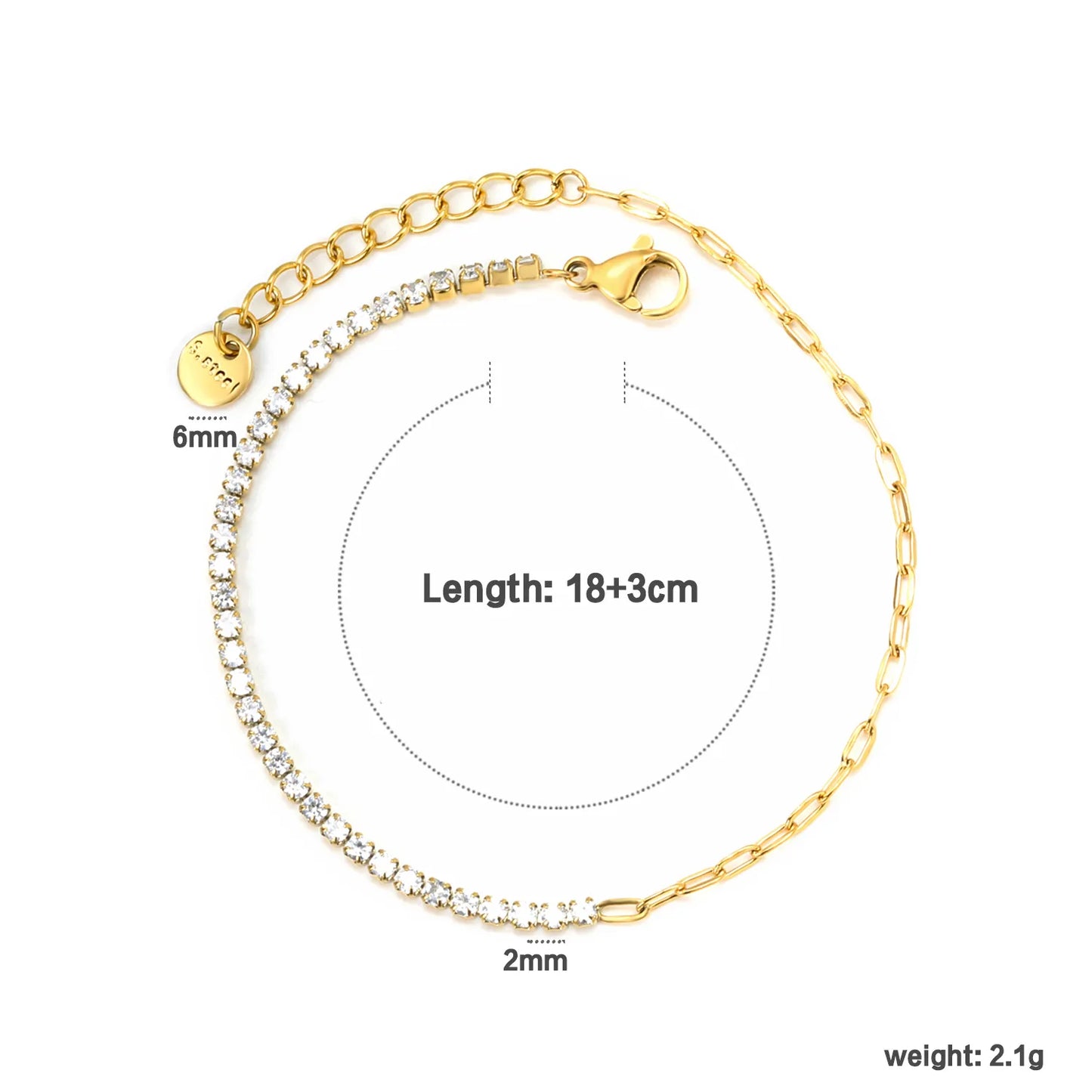 ✨2mm Round Prong-Set Zirconia Bracelet 5-Color Mix | Gold Stainless Steel 18+3cm Chain | Wholesale Stackable Jewelry