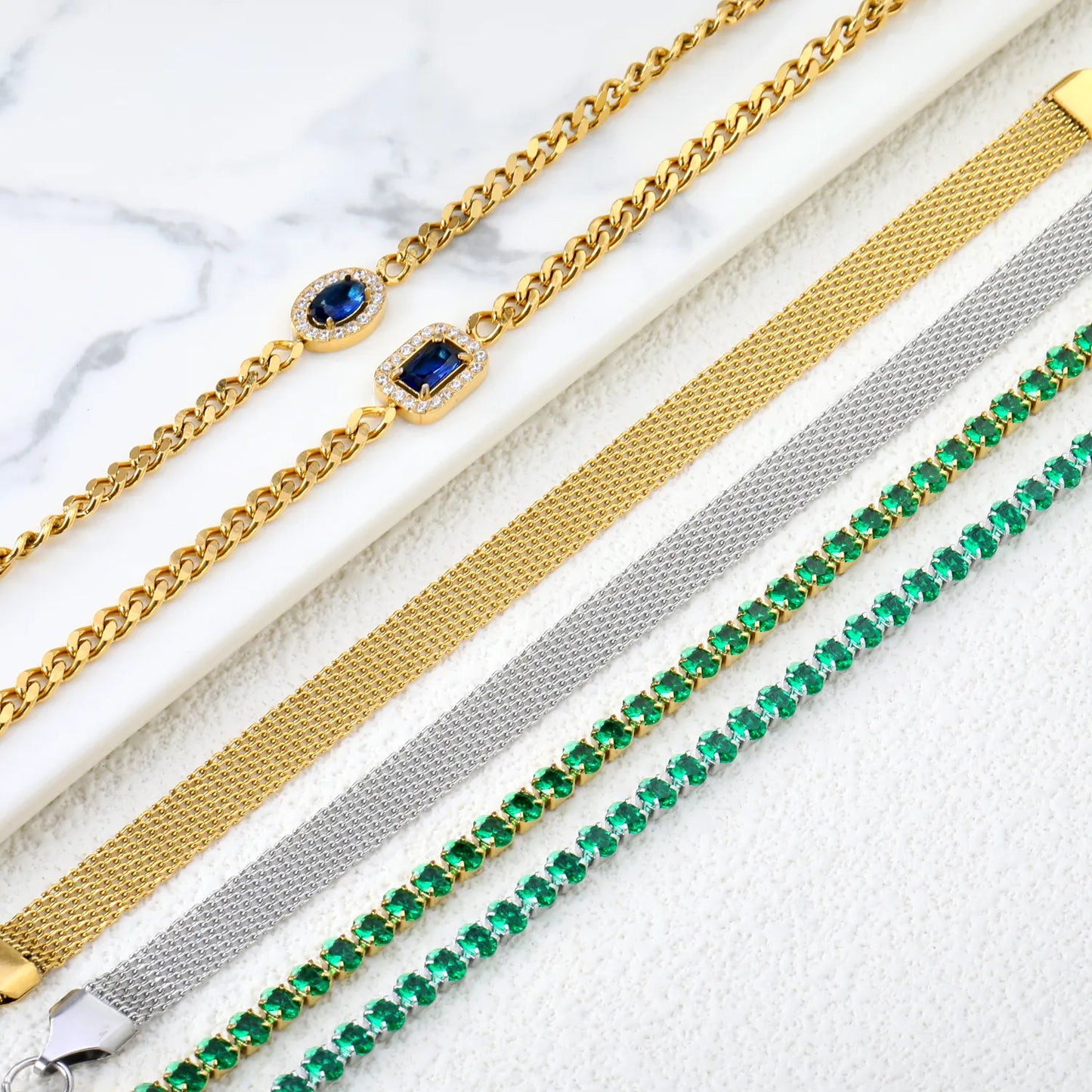 ✨ 17cm-18+3cm 18K Gold Plated Blue/Green Zircon Bracelet Wholesale (MOQ 12+) | Stainless Steel Hypoallergenic 🌍 | Dainty Chain & Charm Bracelets