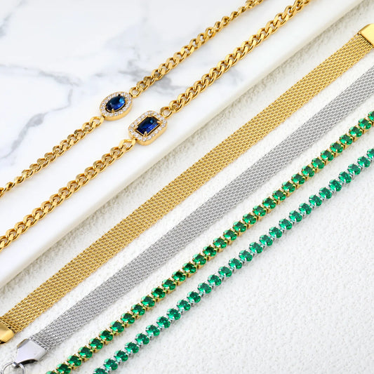 ✨ 17cm-18+3cm 18K Gold Plated Blue/Green Zircon Bracelet Wholesale (MOQ 12+) | Stainless Steel Hypoallergenic 🌍 | Dainty Chain & Charm Bracelets
