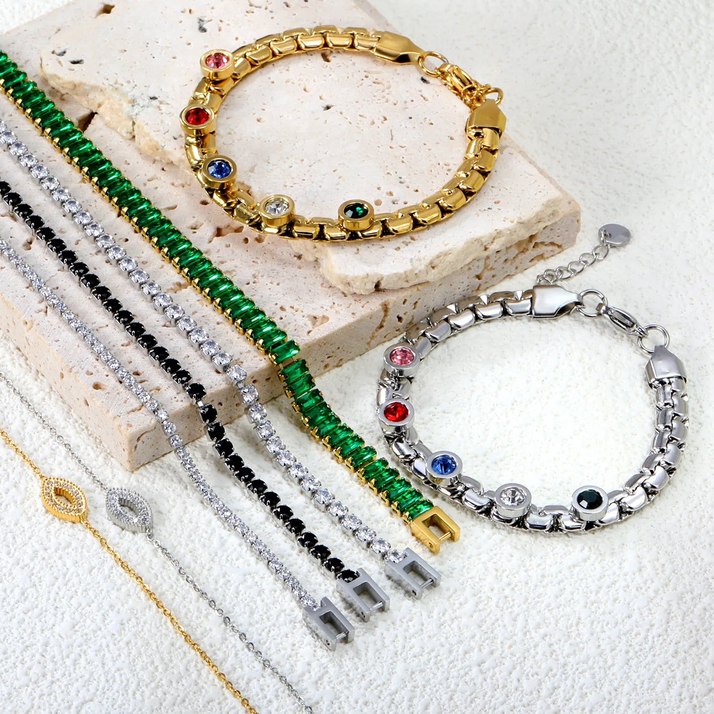 ✨ 18K Gold Plated Rainbow Zircon 17+3cm/20cm Bracelet Wholesale (MOQ 12+) | Stainless Steel Hypoallergenic 🌍 | Dainty Chain & Charm Bracelets