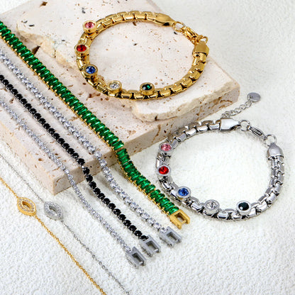 ✨ 18K Gold Plated Rainbow Zircon 17+3cm/20cm Bracelet Wholesale (MOQ 12+) | Stainless Steel Hypoallergenic 🌍 | Dainty Chain & Charm Bracelets