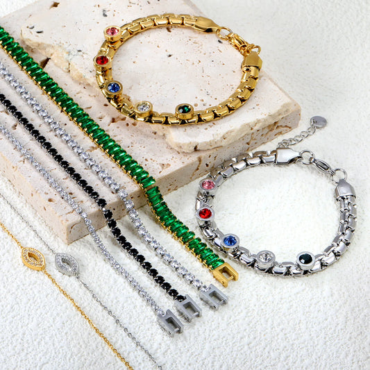 ✨ 18K Gold Plated Rainbow Zircon 17+3cm/20cm Bracelet Wholesale (MOQ 12+) | Stainless Steel Hypoallergenic 🌍 | Dainty Chain & Charm Bracelets
