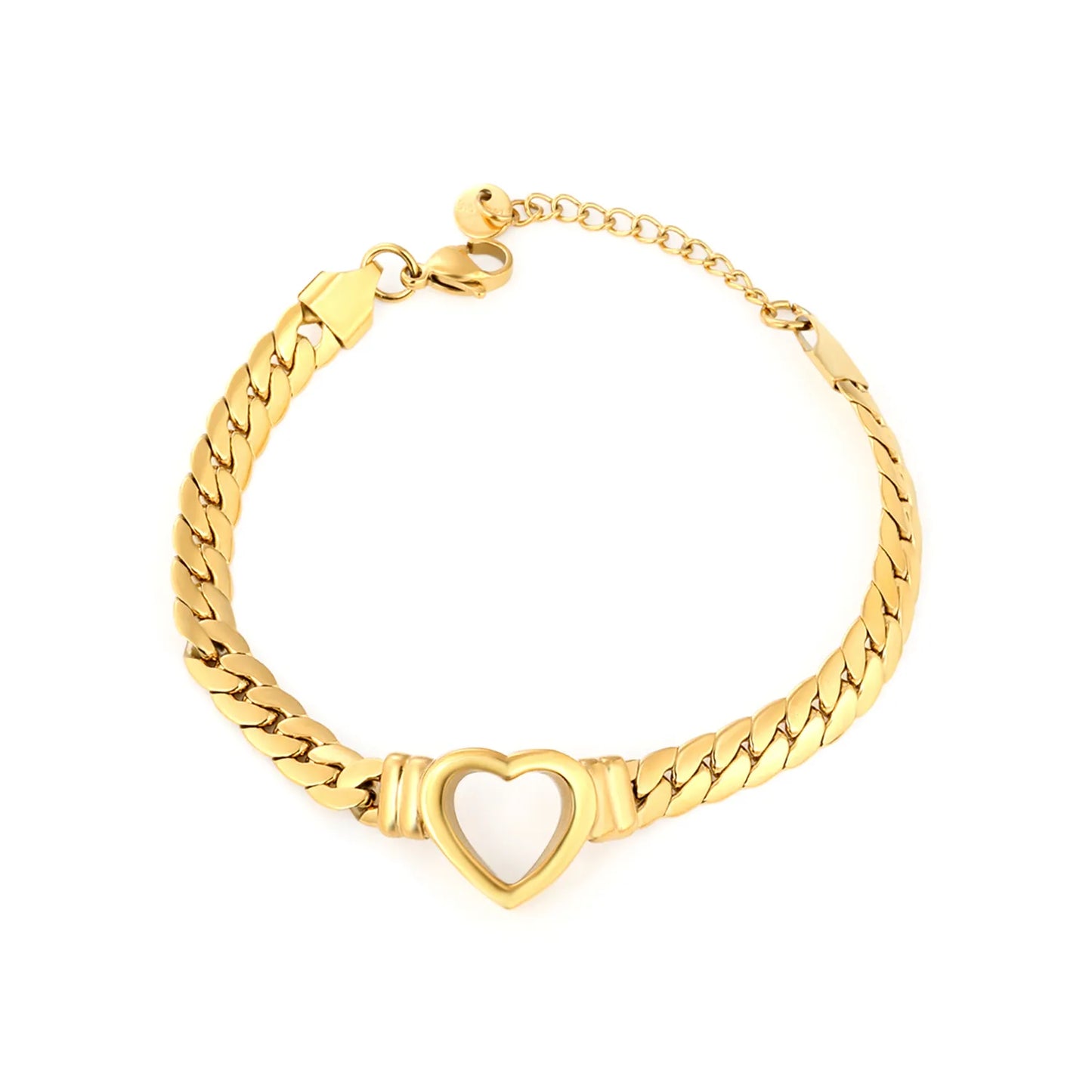 ✨ Wholesale Gold Stainless Steel Heart Bracelet | 16.8*15.3mm Heart Charm & 6.5mm Dense Link Chain | 18+3cm with 6mm Lobster Clasp