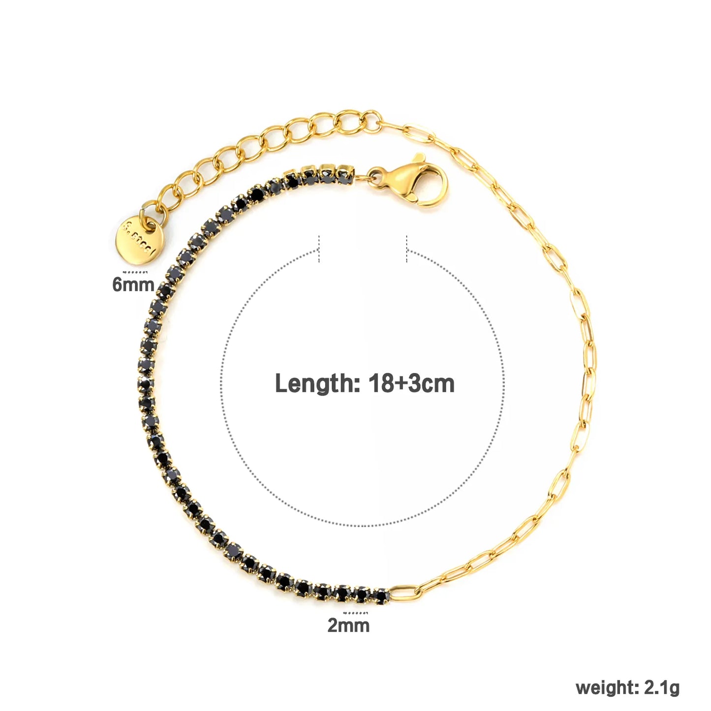 ✨2mm Round Prong-Set Zirconia Bracelet 5-Color Mix | Gold Stainless Steel 18+3cm Chain | Wholesale Stackable Jewelry