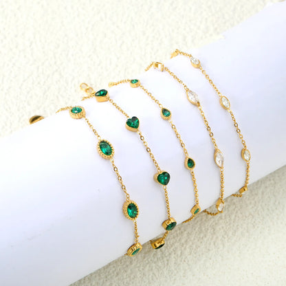 ✨ 17-18+3cm 18K Gold Plated Green/White Zircon Bracelet Wholesale (MOQ 12+) | Stainless Steel Hypoallergenic 🌍 | Dainty Chain & Charm Bracelets