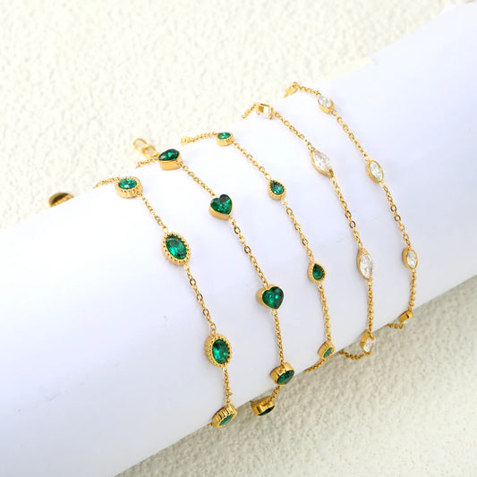 ✨ 17-18+3cm 18K Gold Plated Green/White Zircon Bracelet Wholesale (MOQ 12+) | Stainless Steel Hypoallergenic 🌍 | Dainty Chain & Charm Bracelets