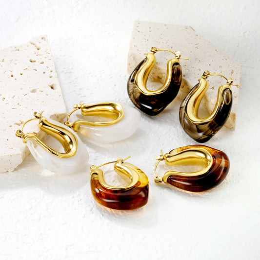 ✨Wholesale Gold Resin Ear Cuffs: 24x27.2mm U-Shape White/Smoky/Amber Resin Inlays | Stainless Steel No-Piercing Boho Jewelry Bulk