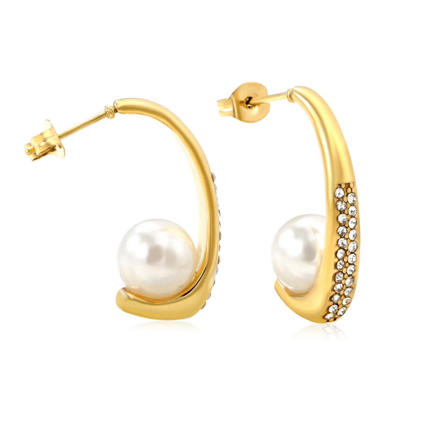 🌟 Wholesale Gold CZ & Pearl Earrings | 26mm C-Curve + 9mm