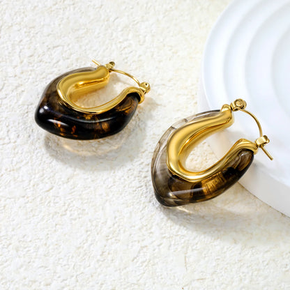✨Wholesale Gold Resin Ear Cuffs: 24x27.2mm U-Shape White/Smoky/Amber Resin Inlays | Stainless Steel No-Piercing Boho Jewelry Bulk