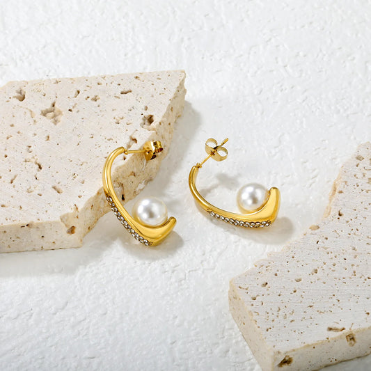🌟 Wholesale Gold CZ & Pearl Earrings | 26mm C-Curve + 9mm