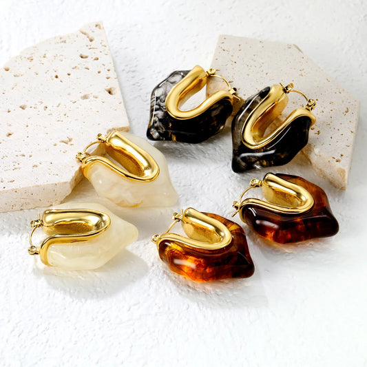 ✨Wholesale Gold Asymmetrical Resin Ear Cuffs | 25.6x29.7mm V-Shape | White/Smoky Black/Amber | Stainless Steel Bulk