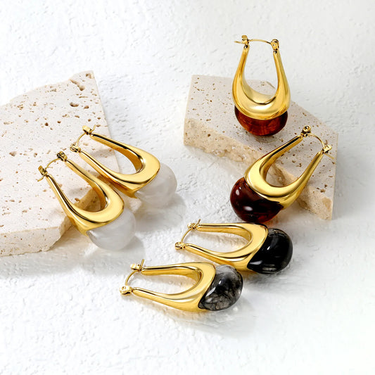 ✨Wholesale Gold Oval Resin Ear Cuffs | 19.4x32.4mm U-Shape | White/Smoky Black/Amber | Stainless Steel Bulk Jewelry