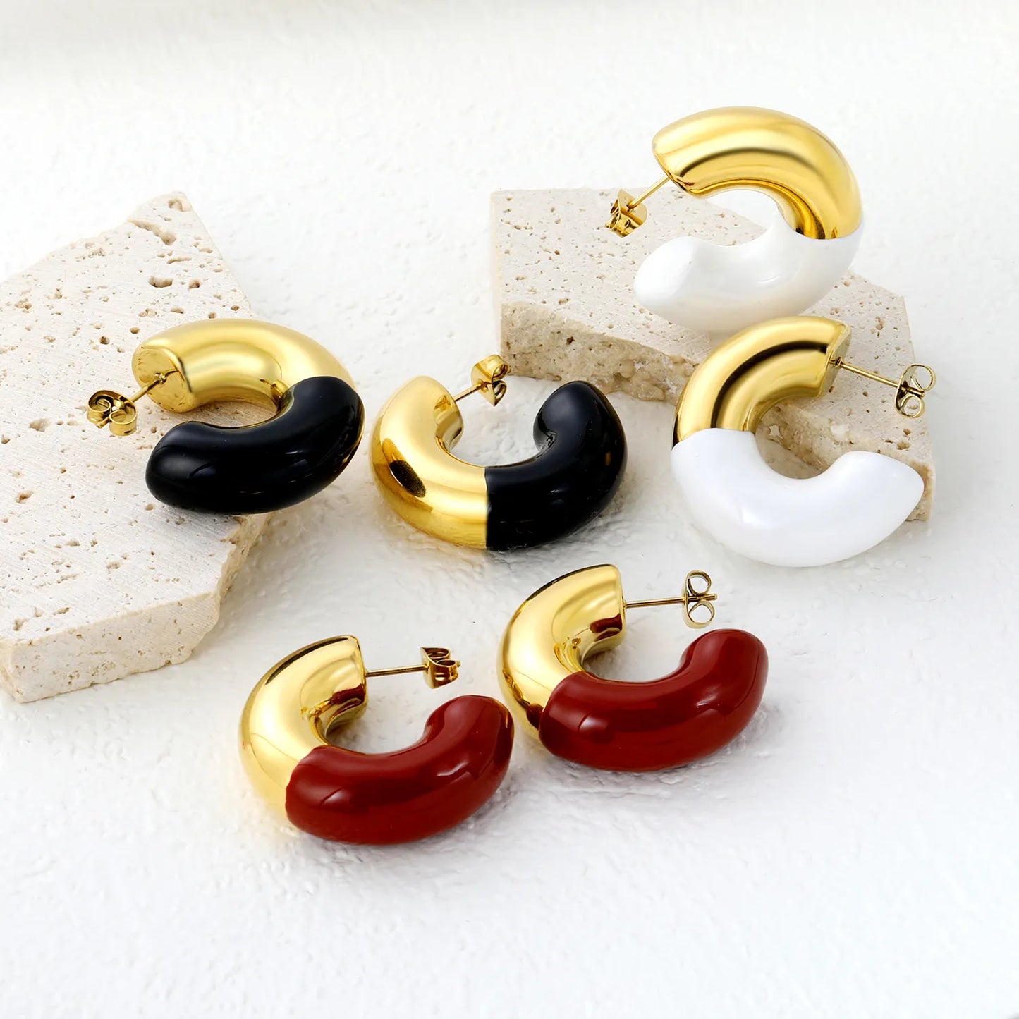 ✨Gold Drip Enamel C-Earrings | 10.3x31.2mm Stainless Steel | White/Black/Red Wholesale