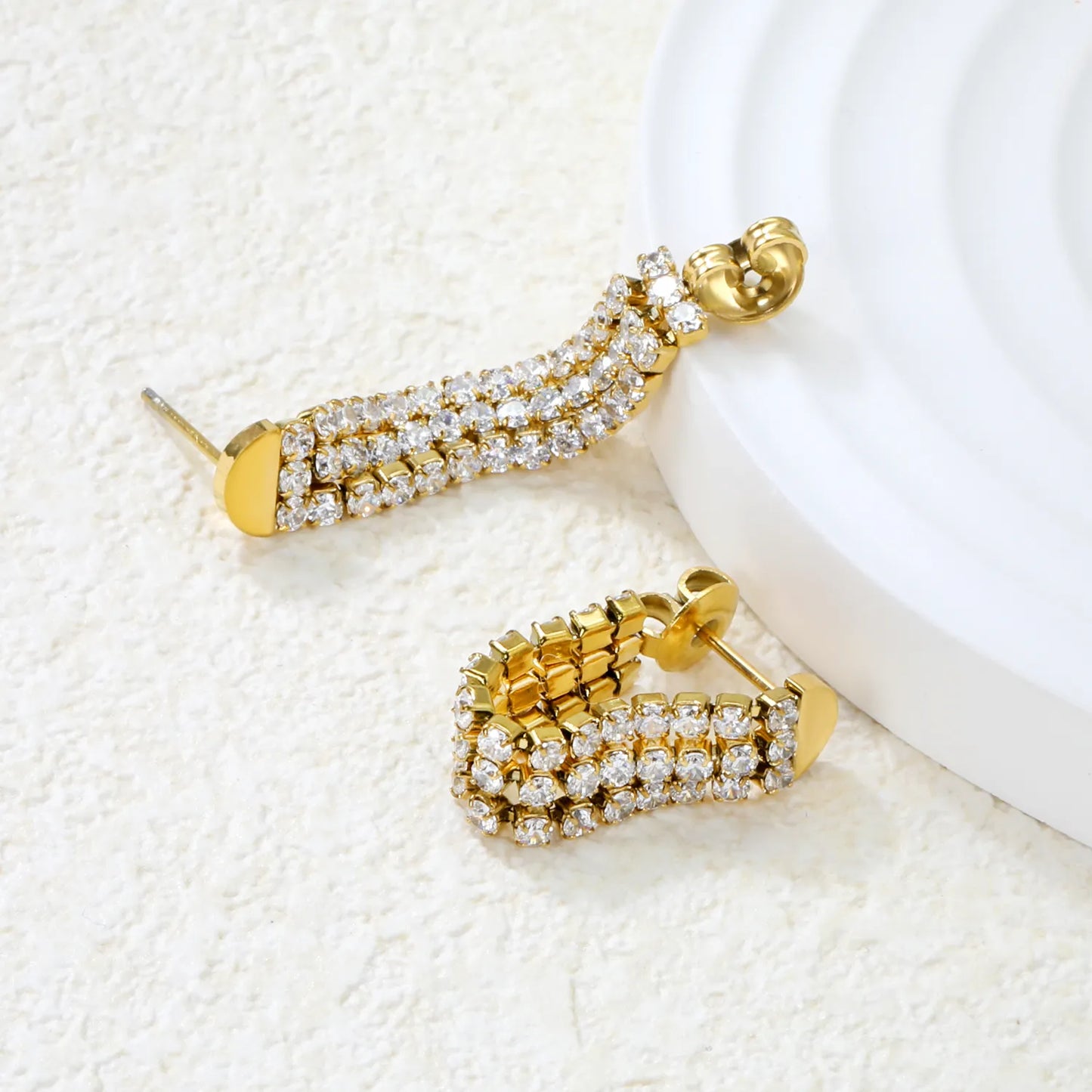 💎Wholesale 6.4x35.9mm Triple CZ Tassel Earrings | Steel/Gold SS