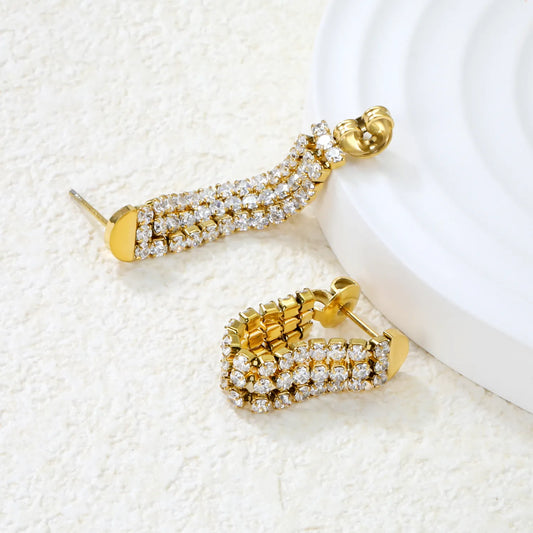 💎Wholesale 6.4x35.9mm Triple CZ Tassel Earrings | Steel/Gold SS