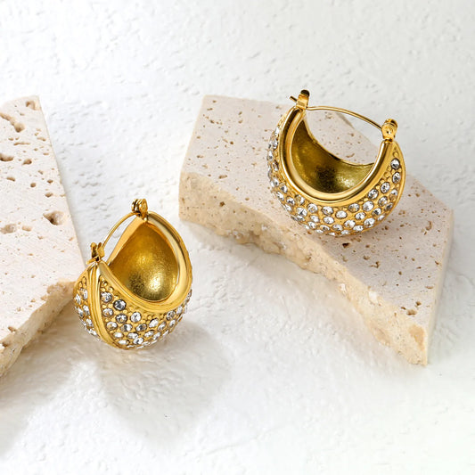 ✨Gold Boat Earrings w/ White Crystals | 25x21mm Stainless Steel Studs | Wholesale Bulk