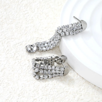 💎Wholesale 6.4x35.9mm Triple CZ Tassel Earrings | Steel/Gold SS