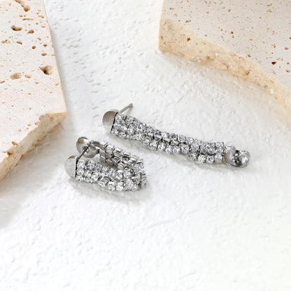 💎Wholesale 6.4x35.9mm Triple CZ Tassel Earrings | Steel/Gold SS