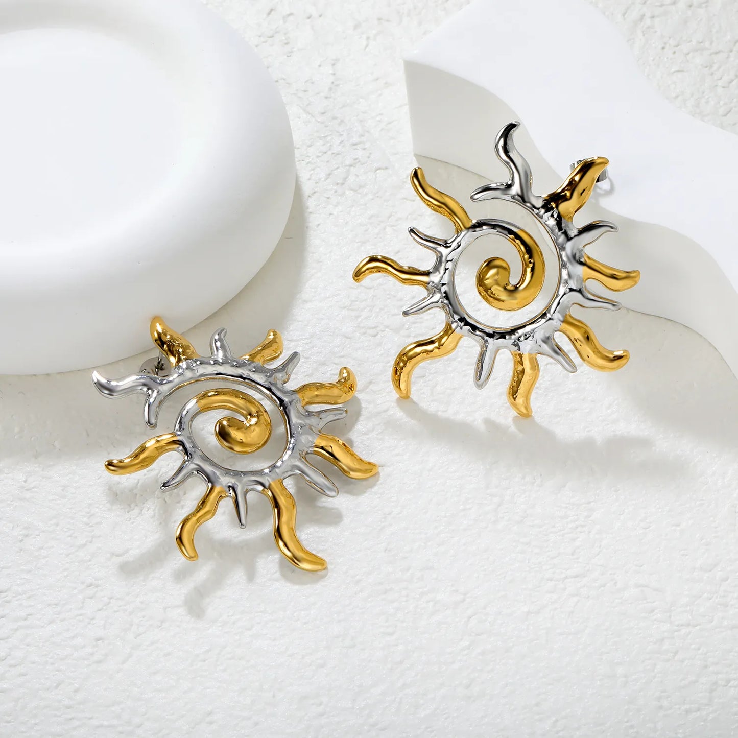 ✨ Wholesale Two-Tone Stainless Steel Sunflower Earrings | 48*54.8mm Cutout Spiral Design | Hypoallergenic Statement Ear Studs