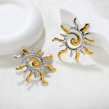✨ Wholesale Two-Tone Stainless Steel Sunflower Earrings | 48*54.8mm Cutout Spiral Design | Hypoallergenic Statement Ear Studs