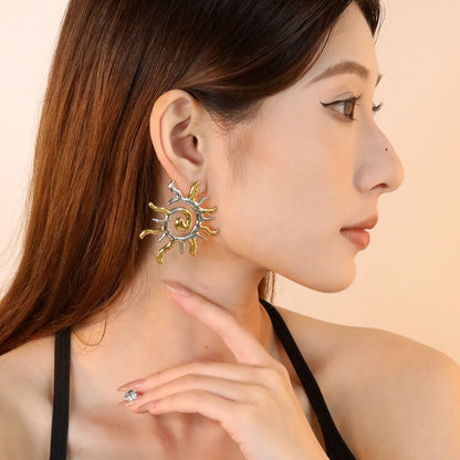 ✨ Wholesale Two-Tone Stainless Steel Sunflower Earrings | 48*54.8mm Cutout Spiral Design | Hypoallergenic Statement Ear Studs