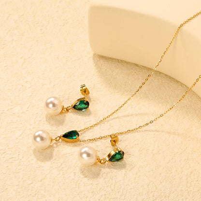 ✨💎 Teardrop Zirconia & Pearl Set: Earrings + Pendant | Gold Stainless Steel Jewelry Wholesale