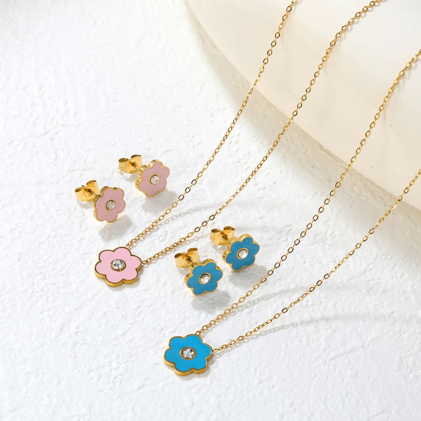 🌸Light Blue Pink Floral Resin Diamond Earrings & Pendant Set Gold Stainless Steel Studs + 40cm Chain | Wholesale Boho Jewelry