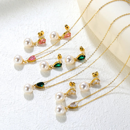 ✨💎 Teardrop Zirconia & Pearl Set: Earrings + Pendant | Gold Stainless Steel Jewelry Wholesale