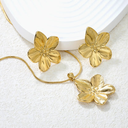 ✨ Wholesale Floral Set: 31x33mm Earrings + 30.9x32.2mm Pendant w/ Snake Chain | Steel/Gold | Hypoallergenic