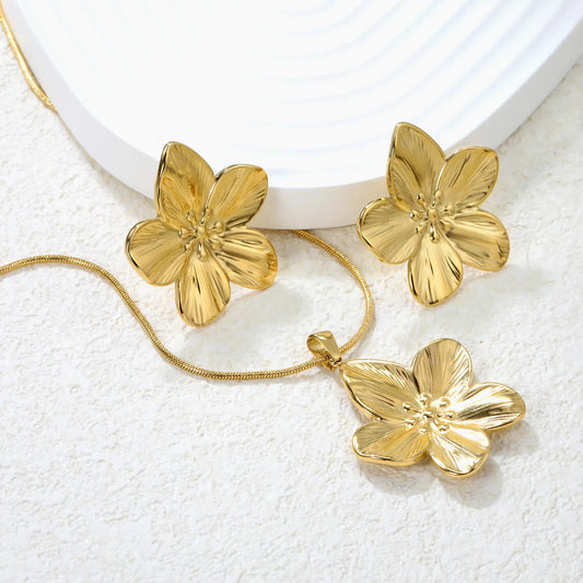 ✨ Wholesale Floral Set: 31x33mm Earrings + 30.9x32.2mm Pendant w/ Snake Chain | Steel/Gold | Hypoallergenic