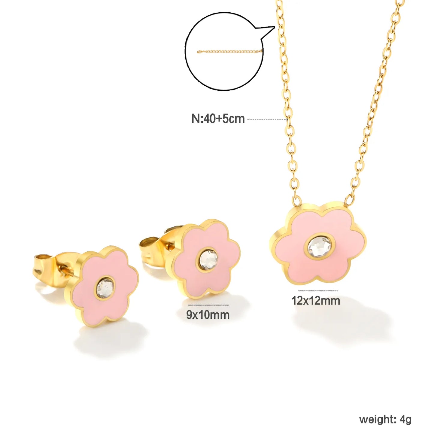 🌸Light Blue Pink Floral Resin Diamond Earrings & Pendant Set Gold Stainless Steel Studs + 40cm Chain | Wholesale Boho Jewelry